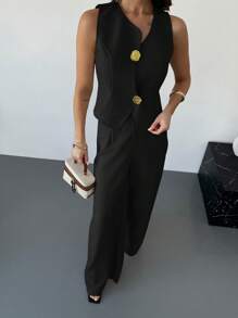 Firerie Conjunto de 2 piezas de primavera para mujer, compuesto por un chaleco asimétrico de textura de lino caqui con hebilla metálica y pantalones anchos de cintura alta estilizantes, un elegante conjunto para ir a trabajar - Negro - Ver 8