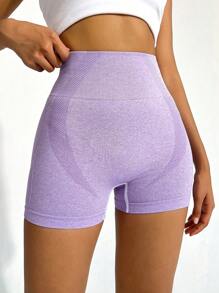 SHEIN Sports Pantalones cortos deportivos con control de abdomen, shorts elásticos para mujer, shorts para gimnasio, shorts de ciclista - Lila Púrpura - Ver 3