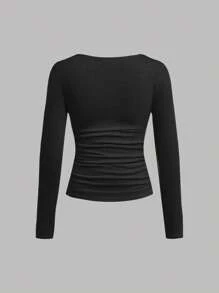 SHEIN 4pcs Tween Girl Casual Solid Color Comfortable Square Neck Long Sleeve T-Shirt Set