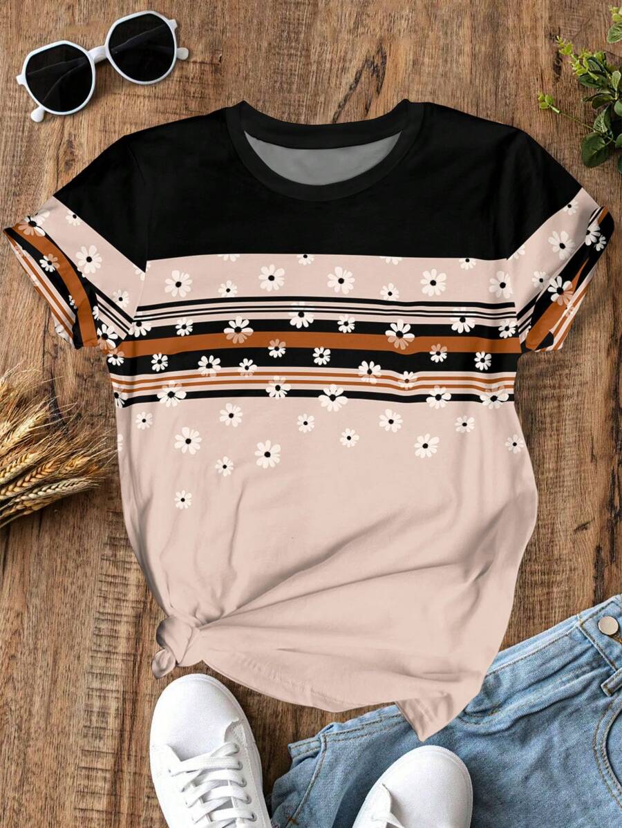 SHEIN LUNE Áo thun họa tiết hoa kẻ sọc cỡ lớn cho nữ, Áo thun nữ mùa hè thường ngày Colorblock - Nhiều màu - Xem 1