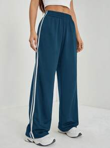 SHEIN PETITE 女士松紧腰侧条纹阔腿休闲运动裤 - 水鴨藍 - 查看 4
