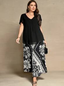 SHEIN LUNE Plus Size Women's High Waist Floral Pleated Midi A-Line Skirt, Summer Fall Cloth For Women - Multicolor - View 3
