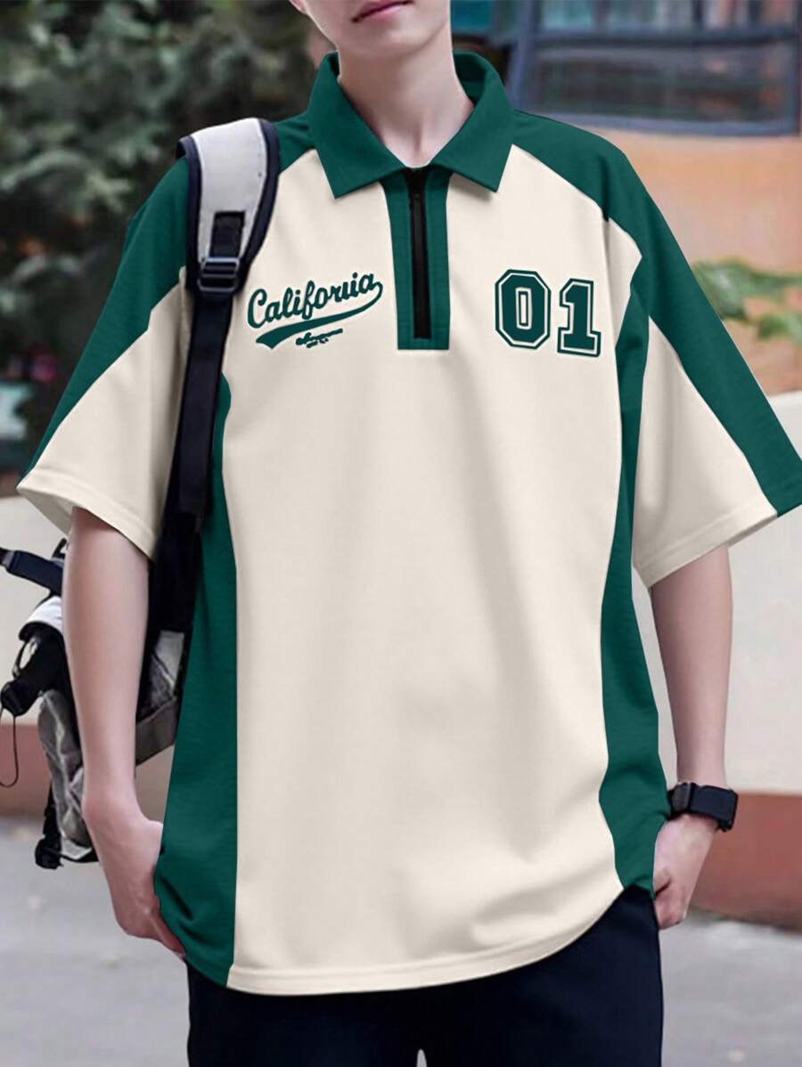 Claim Dot Loose Fit Men's Raglan Sleeve Polo Shirt With Letter Print - Multicolor - View 1