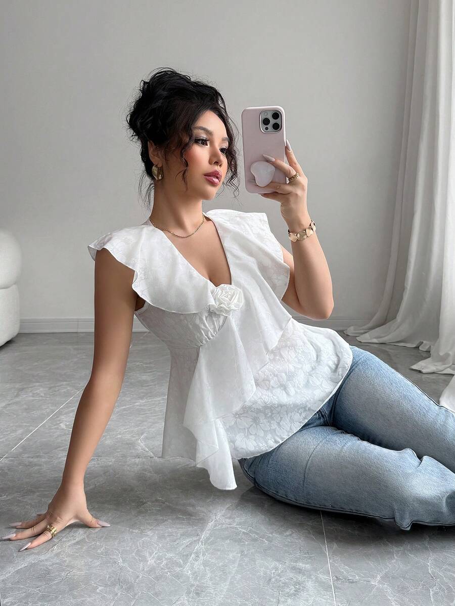 Elenzga Women French Style Floral Embroidery Cut-Out Cap Sleeve Asymmetrical Hem Fitted White Blouse, Summer - White - View 1