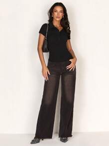 Glamine Polo 领纽扣短袖修身运动收腰简约女式 T 恤，春夏、复活节、毕业典礼、夏季、春季、乡村音乐会、俱乐部女士性感、度假女士 - 黑色 - 查看 1