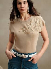 Anewsta Elegant Round Neck Embroidered Short Sleeve T-Shirt, Spring/Summer Knit Top, Valentine's Day, Summer Vacation, New Year's - Khaki - View 7