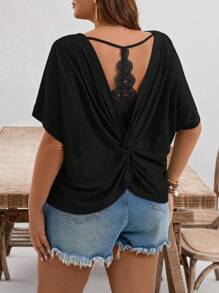 SHEIN Frenchy Plus Size Leisure Lace Patchwork Back Twist Hollow T-Shirt