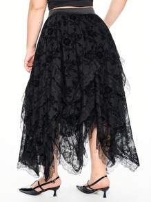 ROMWE Plus Size Gothic Romantic Luxurious Palace Vine Flocked Asymmetrical Hem Contrast Lace Trim Skirt - Black - View 2