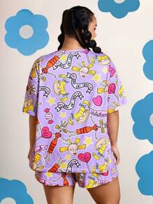 Nick 90s X SHEIN Conjunto de pijama de top de manga corta con estampado de retrato de dibujos animados y pantalones cortos para tallas grandes