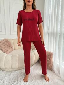 RueChic Slogan Graphic Rib-knit Lounge Set - Red - View 5