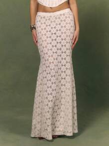 MUSERA Low Rise Floral Lace Fitted Floaty Fishtail Hem Maxi Skirt Only Summer Club Vacation Holiday Elegant - Cream - View 2