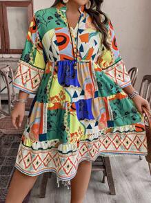 EMERY ROSE Robe à imprimé floral col en V manches 3/4 grande taille, style vacances