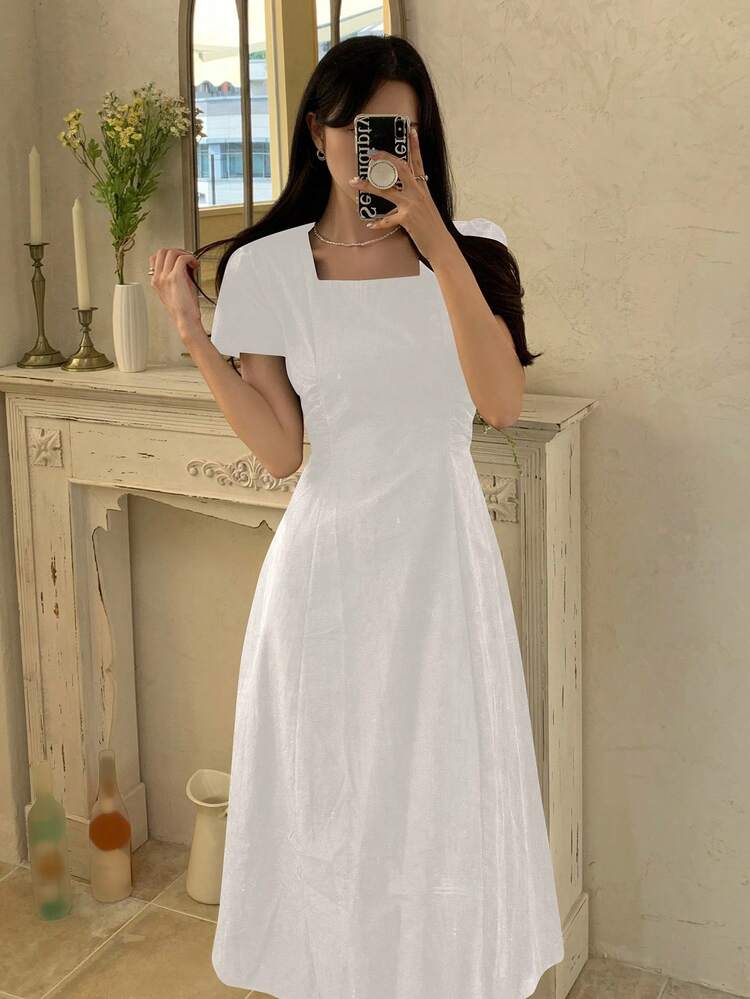 Women Solid Color Small Square Collar Patchwork Pleat Waist Short Sleeve Long Dress, White, Spring/Summer,Casual Women Dresses Maxi Dress