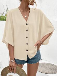 EMERY ROSE Women'S V-Neck Batwing Sleeve Blouse Women Shirt - Apricot - View 5