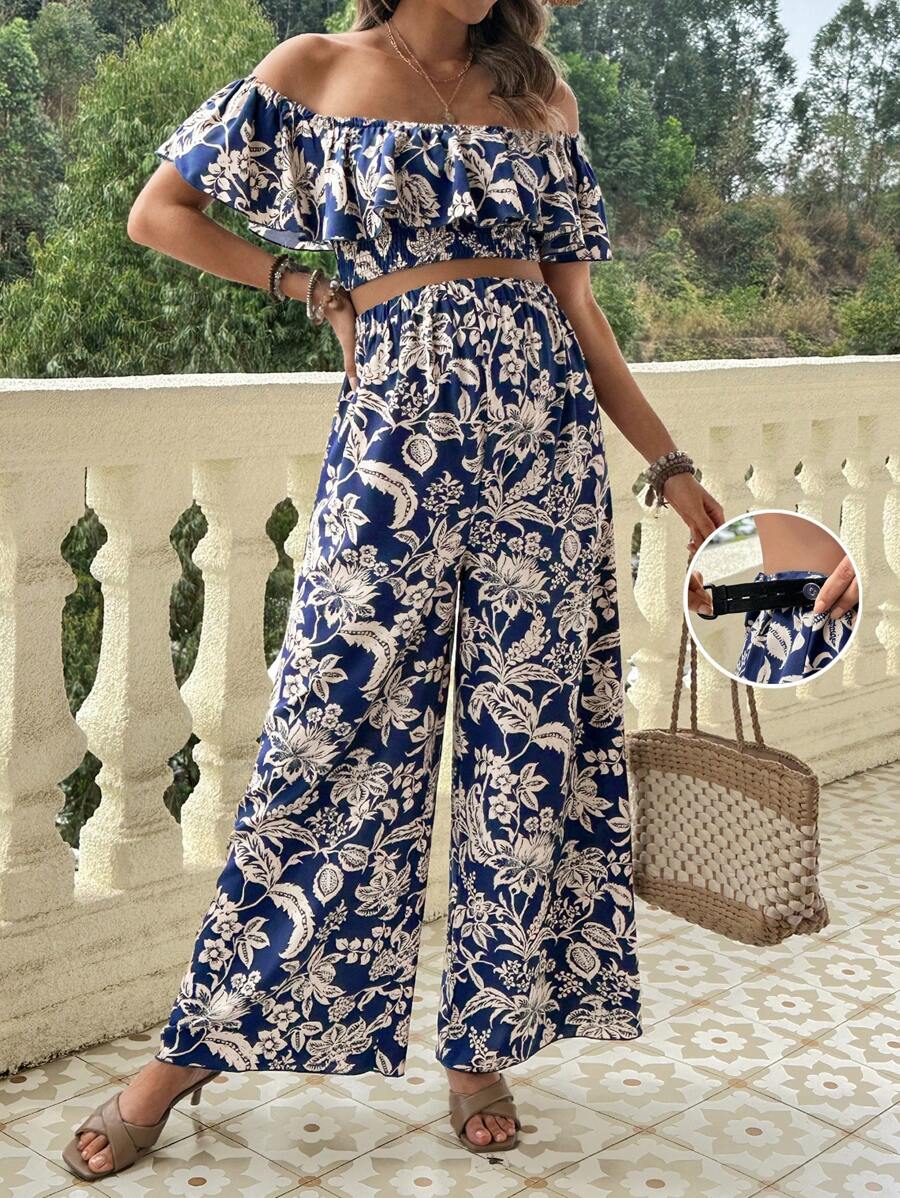 SHEIN 2pcs/Set Maternity Floral Print Off-Shoulder Top With Wide Leg Pants, Holiday Style - Blue - View 1