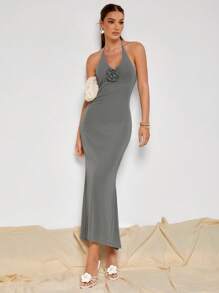 COSMINA Women's Solid Color Floral 3D Decor Deep V-Neck Dress - Light Grey - View 4