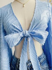 Soleia Women's Summer Vacation Beige Woven Texture Open Front Tie-Waist Flare Sleeve Ruffle Cuff Blouse, Hippie Western Music Festival Easter Carnival Afternoon Tea Party,Rave Top - Baby Blue - View 3