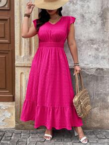 SHEIN LUNE 大码女式纯色 V 领短款盖袖休闲连衣裙 - 玫紅色 - 查看 6