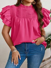 SHEIN LUNE Áo cánh tay lửng hai lớp màu trơn thường ngày cỡ lớn - Màu Hồng Tươi - Xem 3