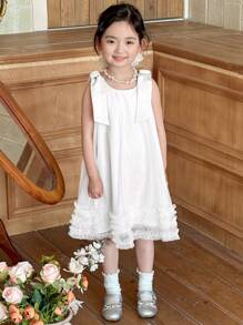 DAZY Young Girl Plain Color Sleeveless Bowknot Strap Minimalist Fashion Summer Dress - White - View 7