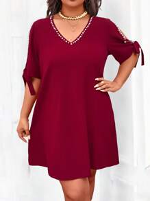 SHEIN LUNE Abito a pieghe con spalline annodate e decorazione di perle, adatto a donne taglia curvy, elegante e snellente per uso quotidiano