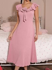 Ladies' Handmade Flower Decor Waistline Jacquard Flounce Hem Scoop Neck Nightgown - Pink - View 4