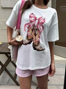 SHEIN LUNE 2 件套休闲夏季 T 恤和短裤，时尚影响者风格图案 T 恤图案 T 恤女士休闲套装女士度假两件套狂欢装波西米亚柔和女士 - 白色 - 查看 1