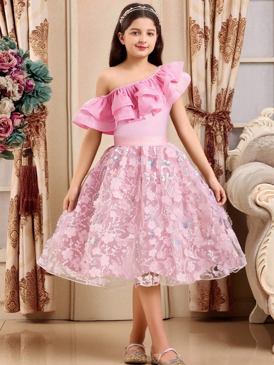 SHEIN Explorewe Tween Girl Solid Color Asymmetric Ruffle Collar Top And Mini Skirt 2 Pieces Set, Fashionable - Multicolor - View 1