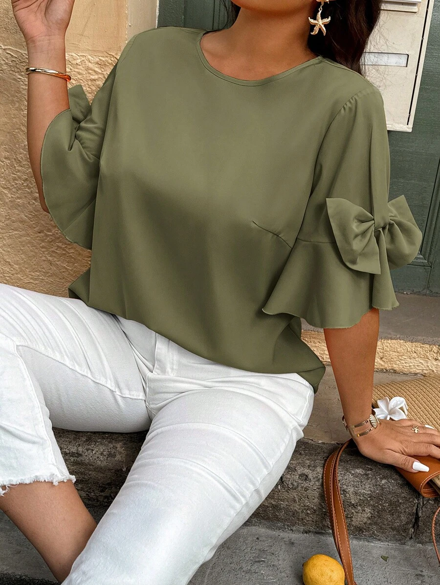 SHEIN Clasi Casual Resort Solid Color Bow Decor Plus Size Shirt - Army Green - View 1