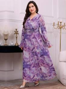 Modelyn Plus Size Women Elegant Flower Printed Arabic Style Dress - Purple - View 2
