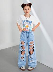 Conjunto de 2 piezas para niñas: Camiseta gráfica de árbol de coco blanco de playa y pantalones vaqueros con pierna ancha y cierre de cremallera desgastados, estilo urbano casual - Blanco - Ver 5