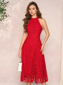 Amorya Women's Red Lace Valentine's Day Halter Dress Fashion Business Casual Woman  Going Out Dresss Women  Summer Outfits For Women,Summer Outfits For Women,Sundress,Spring Break,Lace Floral Dress  Wedding Guest Dress Women