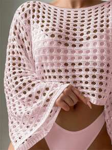 SHEIN Swim Mesh See-Through Cover Up, Solid Color Long Sleeve, Minimalist & Fashionable For Summer - Baby Pink - View 3