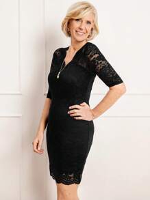 Miaspire Women's Solid Color V-Neck Lace Patchwork Elegant Short Dress - Black - View 2