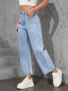 SHEIN ICON Plus Size Women Casual Loose Straight Leg Light Blue Non-Stretch Jeans