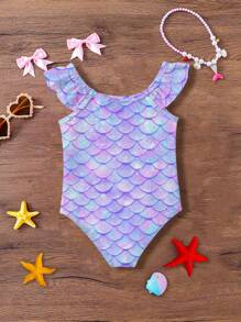 SHEIN Leap Crew Cute Mermaid Shell Print Baby Girls Casual Sleeveless One-Piece Swimsuit, Slim Fit, Suitable For Summer - Multicolor - View 2