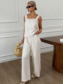 DAZY 2pcs/Set Women Summer Striped Sleeveless Top & Wide Leg Pants Linen - Apricot - View 3
