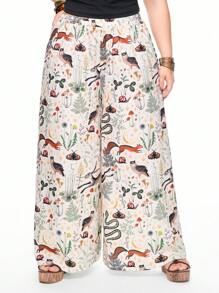 ROMWE Fairycore Summer Vacation Beach Hippie Loose Straight Wide Leg Elastic Waist Animal & Plant Print Plus Size Pants - Beige - View 6