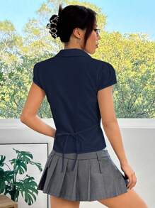 SHEIN EZwear 海军蓝编织褶皱胸围系带腰部修身短袖衬衫 - 藏蓝色 - 查看 2