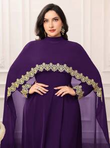 Modelyn Plus Size Women Arabic Style 2pcs Set : Applique Contrast Color Cape Jacket & Dress, Modest