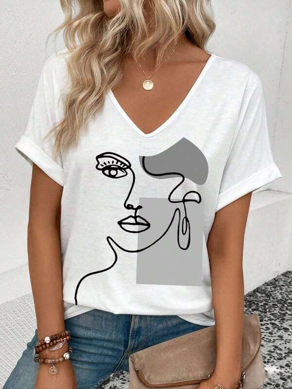 SHEIN Women V-Neck Short Sleeve T-Shirt, Simple & Fashionable, Suitable For Summer