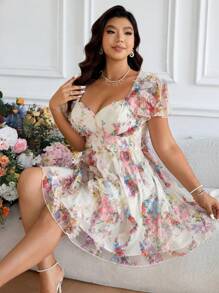SHEIN Frenchy Plus Size Women Cute Summer Dresses, Wedding Dresses, Graduation Dresses, Tea Party Dresses, Wedding Guest Summer, Birthday Women's Dresses, Party Women's Dresses, Elegant, Romantic,Floral Print Sweetheart Neck Short Sleeve Elegant Dress,Beach Dress Sundress,Holiday Outfits Boho,Corset Dress - Multicolor - View 2