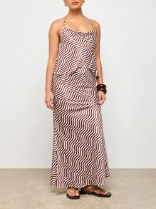 AiiRZ 缎面波浪印花两件套露背上衣长裙套装夏季海滩度假装度假服装派对晚会特殊场合套装