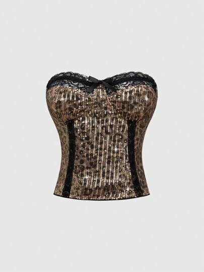 Grunge Punk Conjunto de 2 piezas con top tipo bustier con encaje de contraste con estampado de leopardo y lentejuelas, y minifalda ajustado de talle súper bajo en estilo Y2K