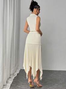 Firerie 女士优雅西装外套领子聚拢腰线纽扣褶皱不对称两件套双排扣腰部收腰上衣和不对称褶裙，教师装，适合派对、母亲节、时尚、音乐节、约会之夜、办公室着装、返校、舞会、婚礼、约会、音乐会、通勤、狂欢节、情人节、优雅、夏季/春季、音乐会 - 杏色 - 查看 2