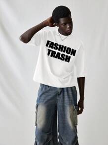 SWAVVY Camiseta de manga corta informal y holgada con estampado de letras inglesas, para hombre, de verano