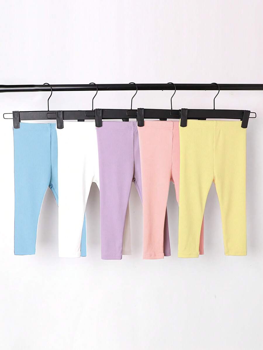SHEIN Playful Pals 5pcs Baby Girls Multi-Piece Casual Simple Ribbed Leggings, Versatile & High Stretch, Spring/Autumn New Designs - Multicolor - View 1