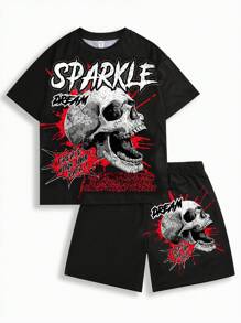 SHEIN 2pcs/Set Teen Boys Casual Short Sleeve T-Shirt And Shorts Set, Streetwear Punk Rock College Leisure Outfit For Party, Music Festival, Suitable For Spring & Summer. Skull English Print, Black - Red - View 2