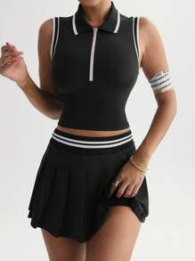 Easithlete 女士两件套瑜伽套装 - 拼色装饰背心和褶皱 A 字裙，运动服