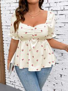 SHEIN LUNE Elegante Bluse mit Kirschprint in Große Größen für Frauen mit kurzen Ärmeln